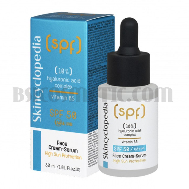 Skincyclopedia SPF 50 слънцезащитен крем-серум за лице с 10% хиалуронов комплекс и витамин В5