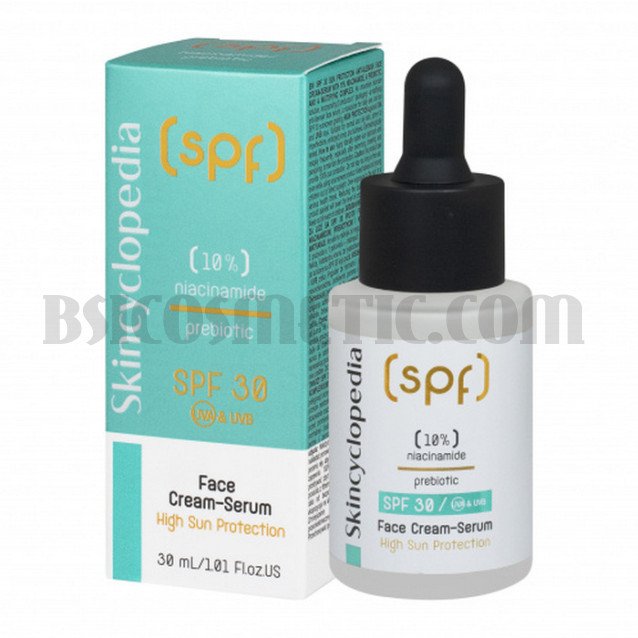 Skincyclopedia SPF 30 слънцезащитен крем-серум за лице против несъвършенства с 10% ниацинамид, пребиотик и матиращ комплекс